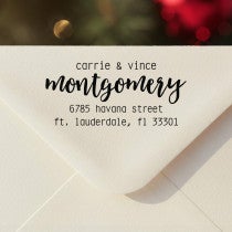 Personalized ‘Montgomery Trendy’ address stamp impression on envelope flap for holiday cards.
