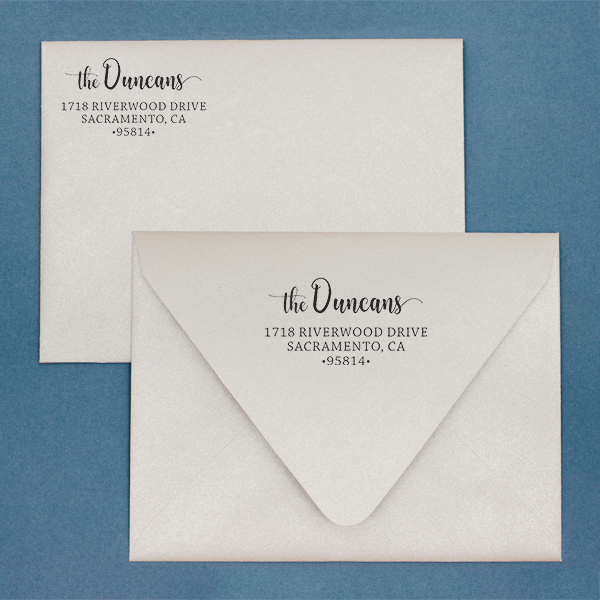 Custom Pre-Inked Address Stamp, 4 Line Personalized Return Address, Duncan Rectangle Script Design, MaxLight 245Z or MaxLight 275Z Oil Ink Flash Stamp