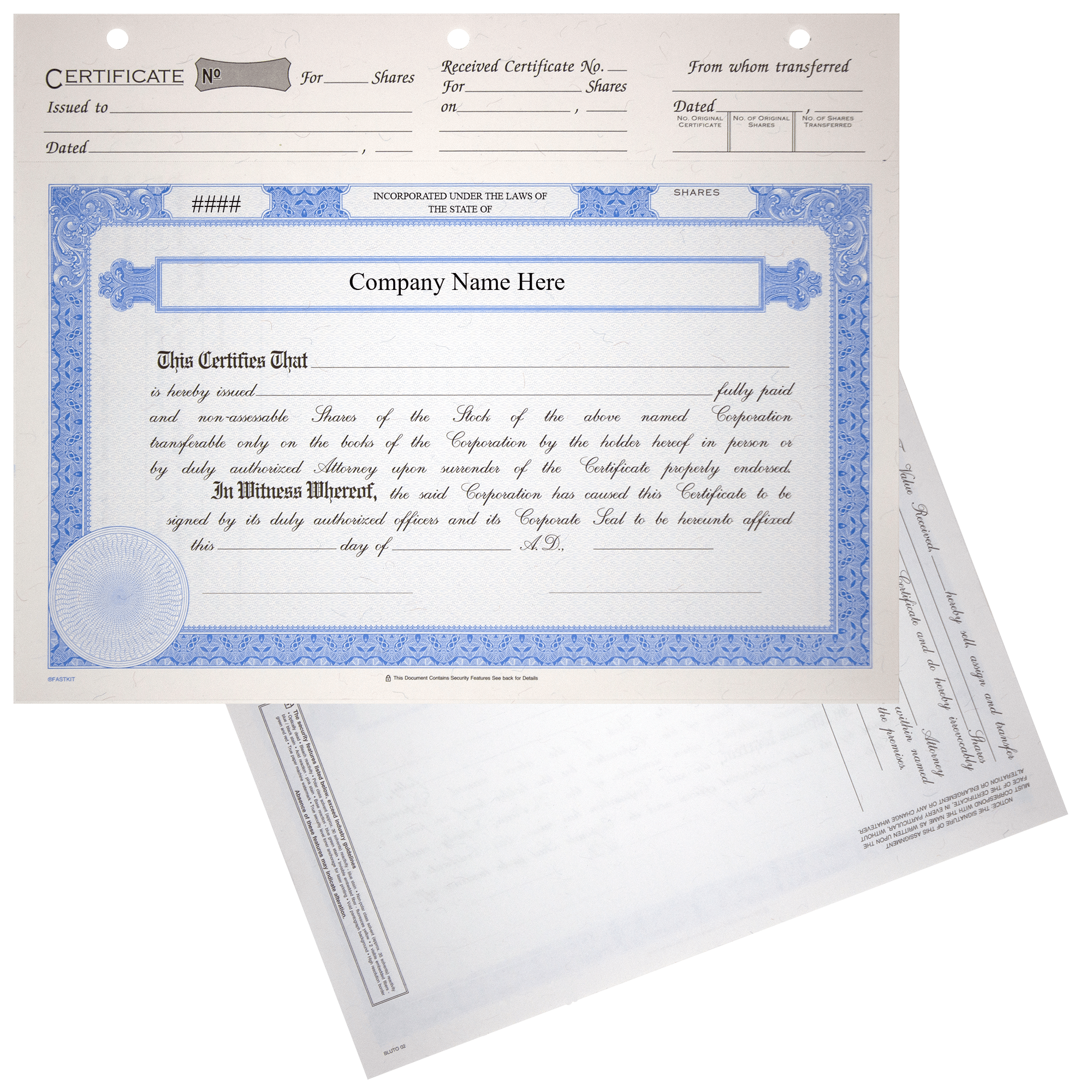 BLUTO 02 Corporate Stock Certificates
