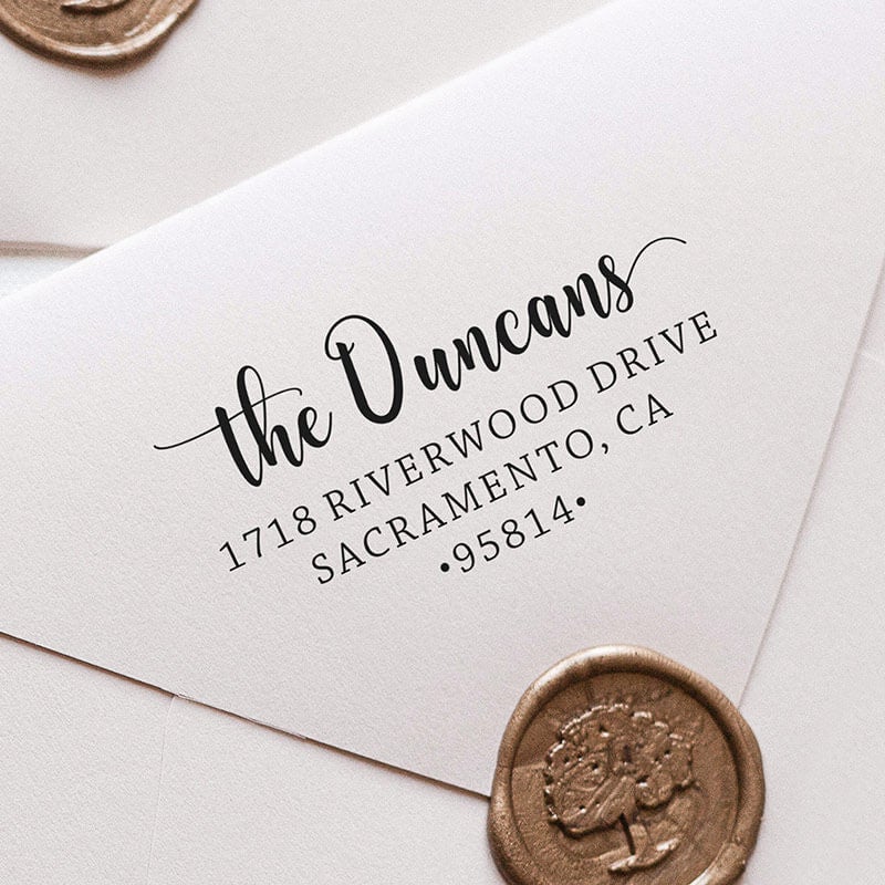 Custom Self-Inking Address Stamp, 4 Line Personalized Return Address, Duncan Rectangle Script Design, Trodat 4914 or Trodat 4926 Engraved Rubber Stamp