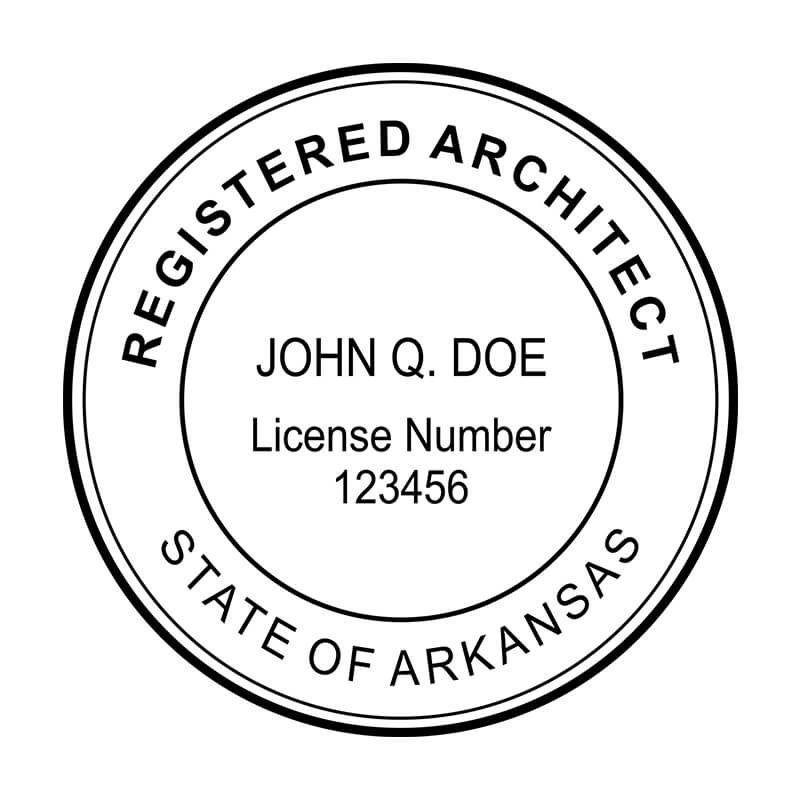 Official State of Arkansas architect seal design with registered architect name and license number.