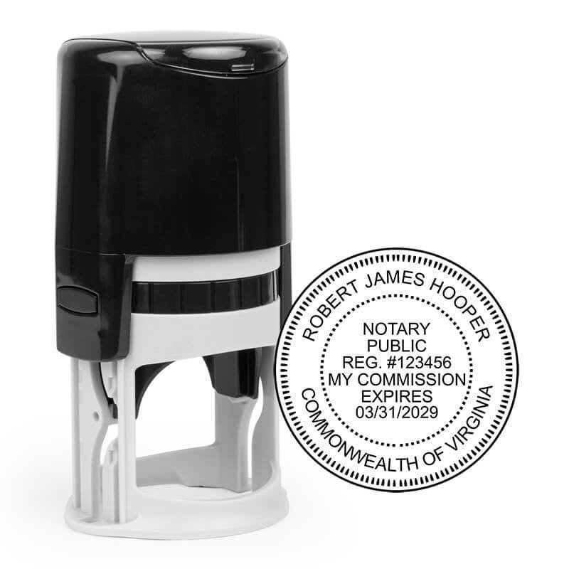 The Virginia Notary Round Stamp impression next to the self-inking stamp body
