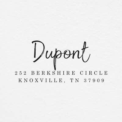 Custom European Style Address Stamp - 3 Line Personalized Return Address (Dupont Rectangle Script Design) - alternate view