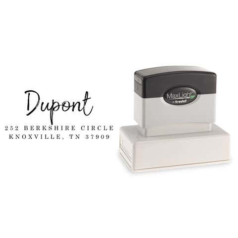 Custom Pre-Inked Address Stamp, 3 Line Personalized Return Address, Dupont Rectangle Script Design, MaxLight 245Z or MaxLight 275Z Oil Ink Flash Stamp