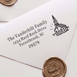 Church Building Rectangle Address Stamp impression close up on white envelope