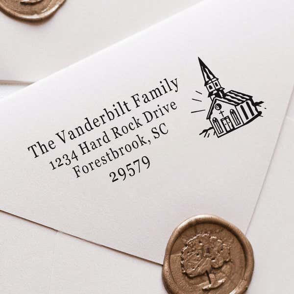 Church Building Rectangle Address Stamp impression close up on white envelope