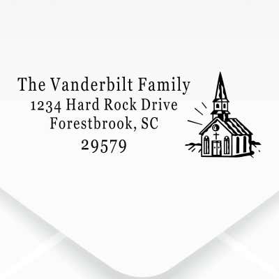 Church Building Rectangle Address Stamp design, close up on an envelope