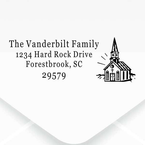 Church Building Rectangle Address Stamp design, close up on an envelope