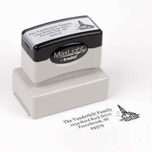 Church Building Rectangle Address Stamp impression next to pre inked stamp body