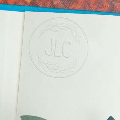 Example of custom book embosser impression on the inside of a book