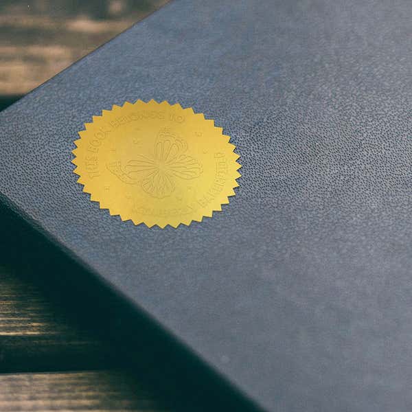 Library Book Embosser impression on gold sticker on blue book