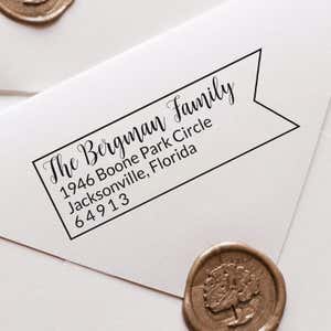 Bergman Fancy Border Address Stamp impression close up on white envelope