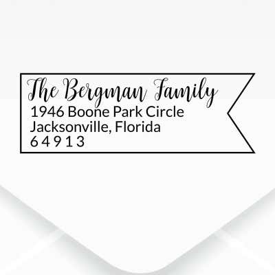 Bergman Fancy Border Address Stamp design, close up on an envelope