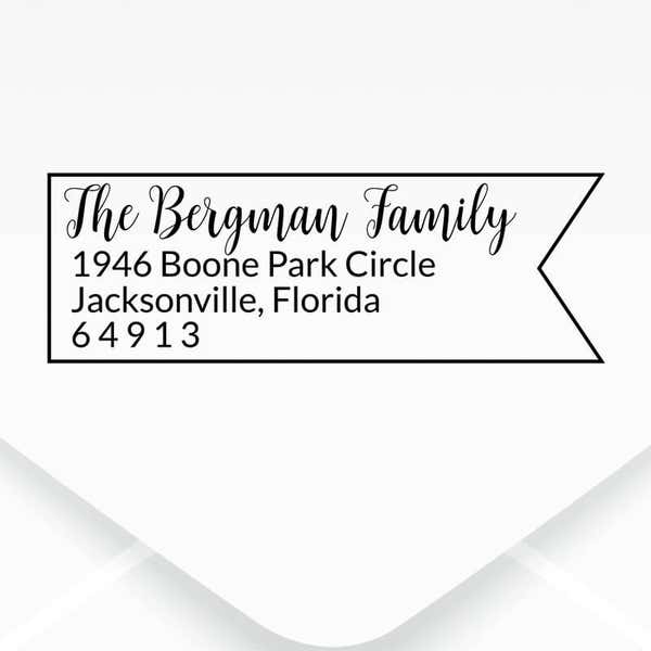 Bergman Fancy Border Address Stamp design, close up on an envelope