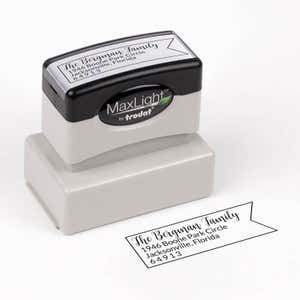 Bergman Fancy Border Address Stamp impression next to pre inked stamp body