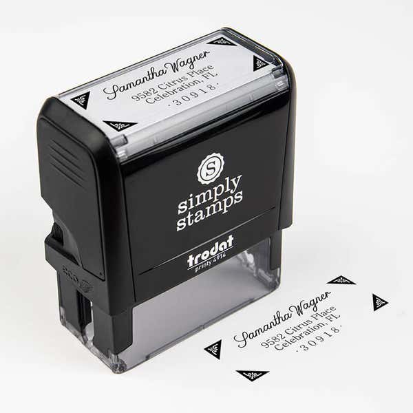 Wagner Fancy Border Address Stamp impression next to self inking stamp body