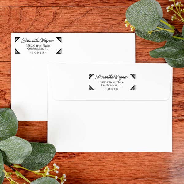 Wagner Fancy Border Address Stamp on front and back of two envelopes