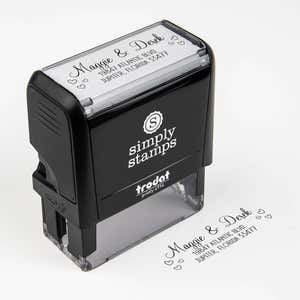 Couple Hearts Handwritten Address Stamp impression next to self inking stamp body
