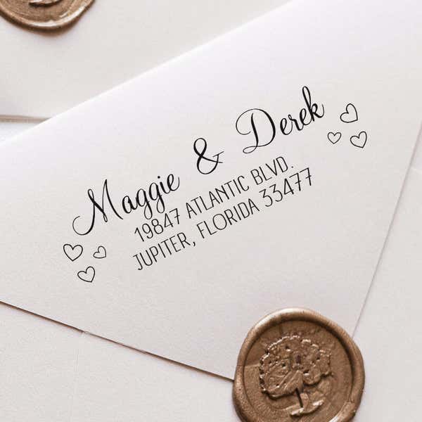 Couple Hearts Handwritten Address Stamp impression close up on white envelope