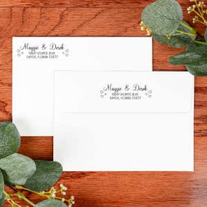 Couple Hearts Handwritten Address Stamp on front and back of two envelopes
