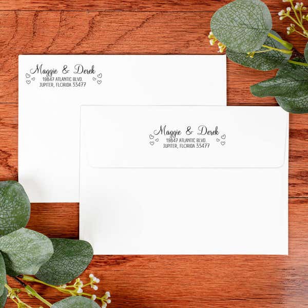 Couple Hearts Handwritten Address Stamp on front and back of two envelopes