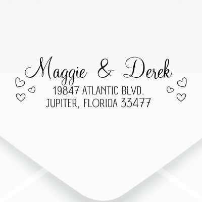 Couple Hearts Handwritten Address Stamp design, close up on an envelope