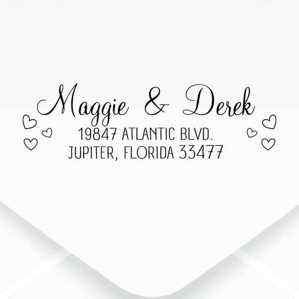 Couple Hearts Handwritten Address Stamp design, close up on an envelope