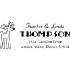 Holiday address stamp design featuring ‘Rudolph Reindeer’ with personalized family name and address.