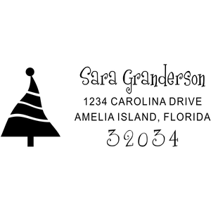 Holiday address stamp design featuring ‘Dancing Christmas Tree’ with personalized family name and address.