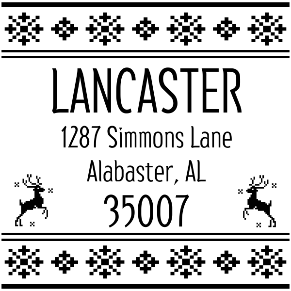 Holiday address stamp design featuring ‘Designer Reindeer’ with personalized family name and address.