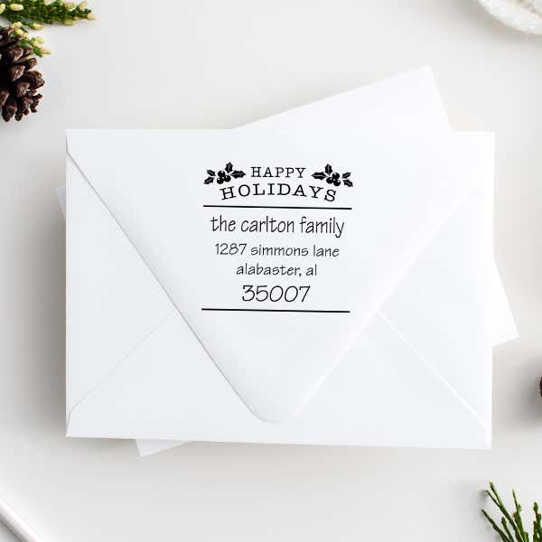 Happy Holidays Holly Return Address Stamp Imprint Example
