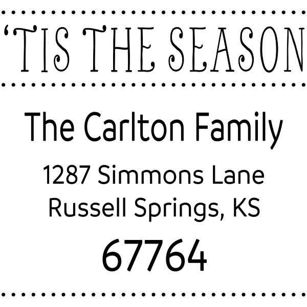 Holiday address stamp design featuring ‘Tis The Season’ with personalized family name and address.