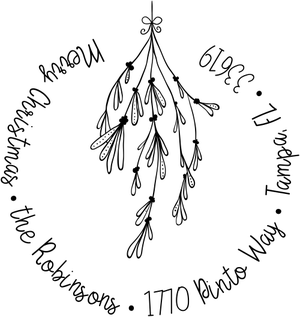 Holiday address stamp design featuring ‘Mistletoe Round Script’ with personalized family name and address.