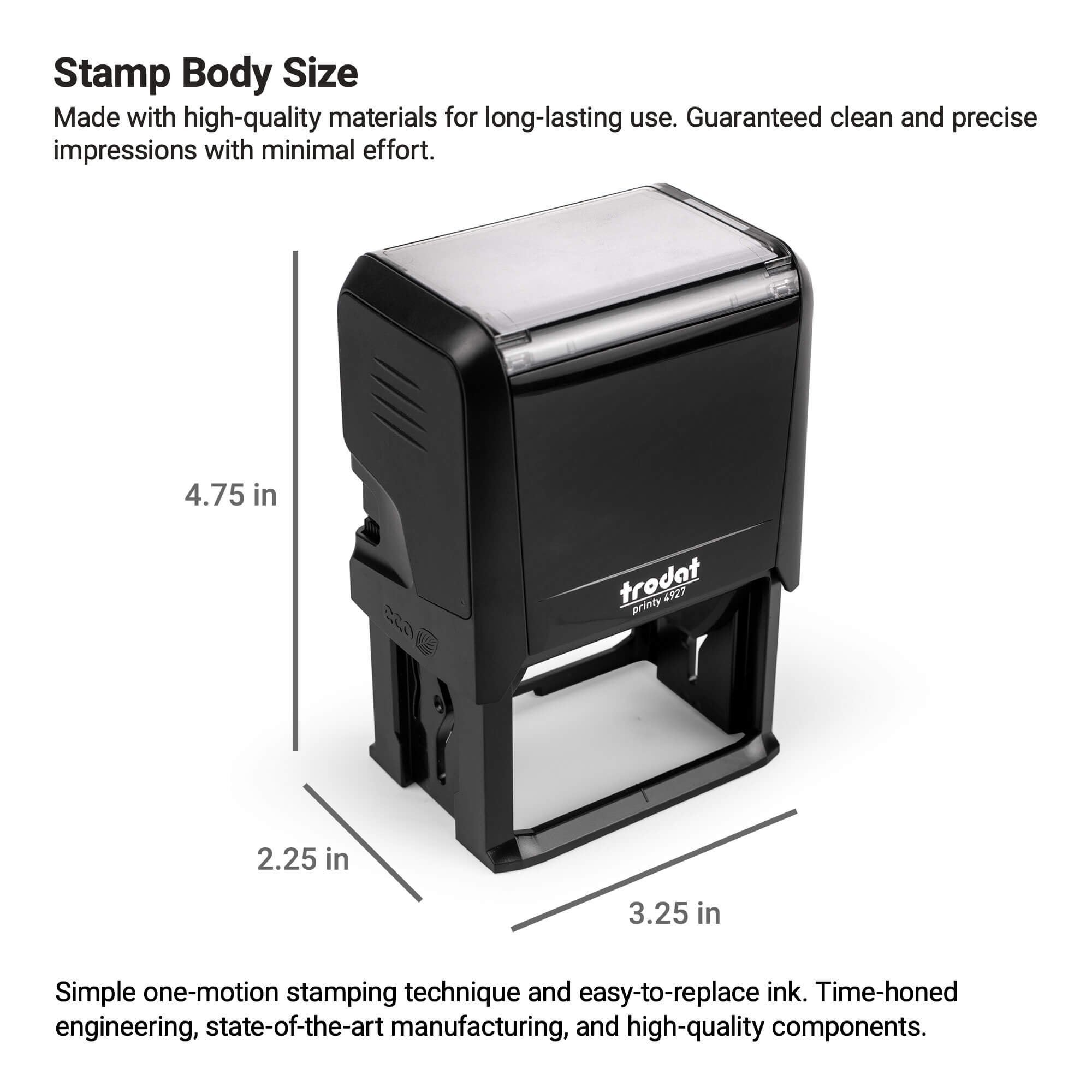 An infographic showing the dimensions of the self-inking stamp body