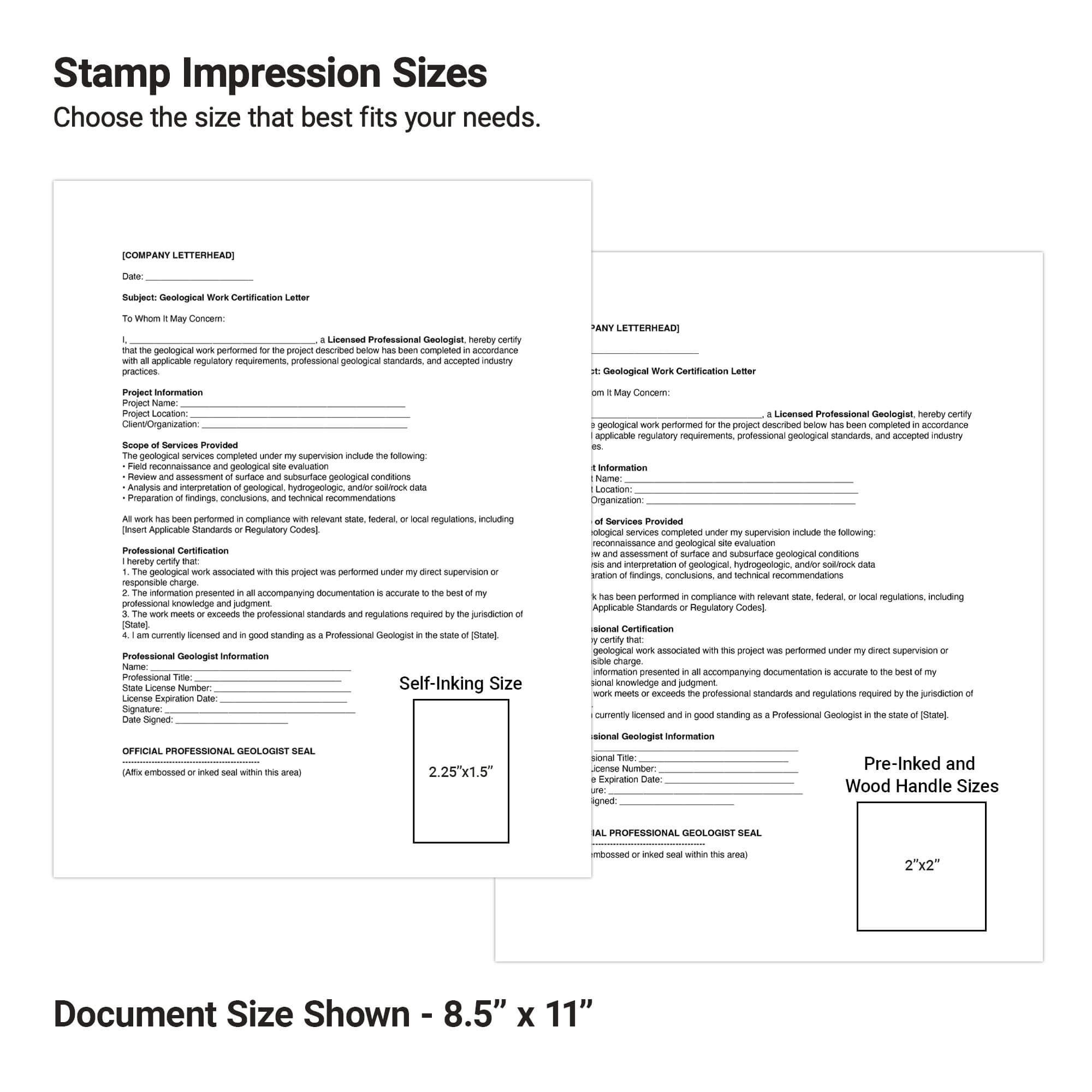 An infographic showing impression sizes for self-inking, pre-inked and wooden stamps