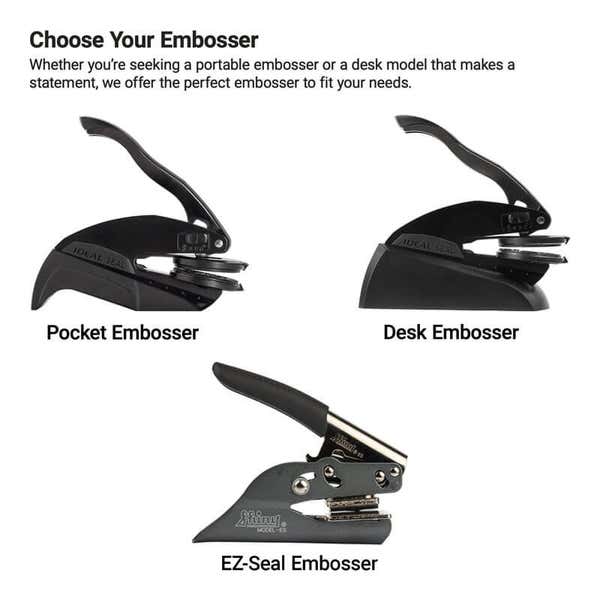 Comparison of pocket, desk, and EZ Seal embossers for professional notary or document use.
