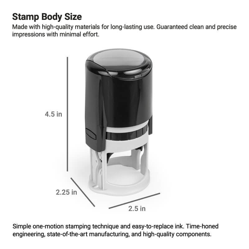 Self-inking notary stamp with labeled body dimensions for accurate size reference.