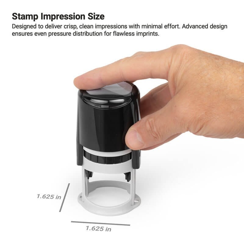 Hand pressing 1.625" x 1.625" self-inking stamp for crisp, clean impressions.