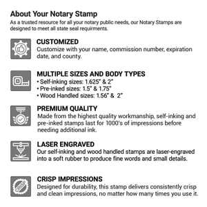 Notary stamp feature list with customization, body types, laser engraving, and crisp impressions.