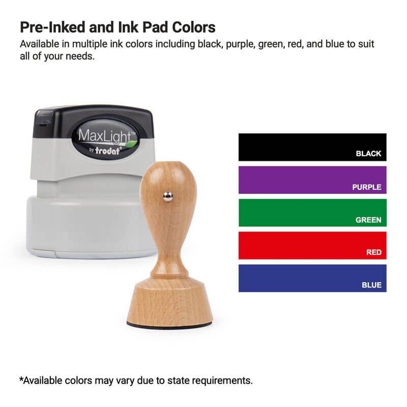 Pre-inked and wood-handled stamps with ink colors: black, purple, green, red, and blue. 