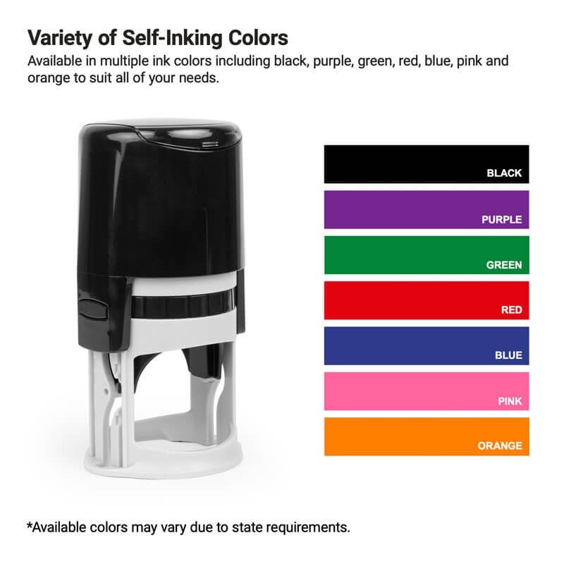 Self-inking stamp shown with seven ink colors: black, purple, green, red, blue, pink, and orange.    
