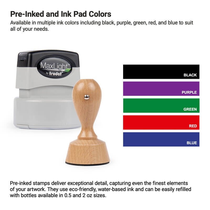 Pre-inked and wood-handled stamps with ink colors
