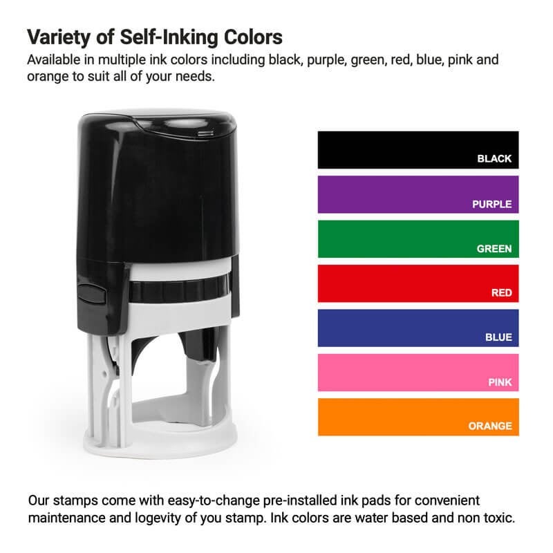 Self-inking stamp with 7 color options: black, purple, green, red, blue, pink, and orange.