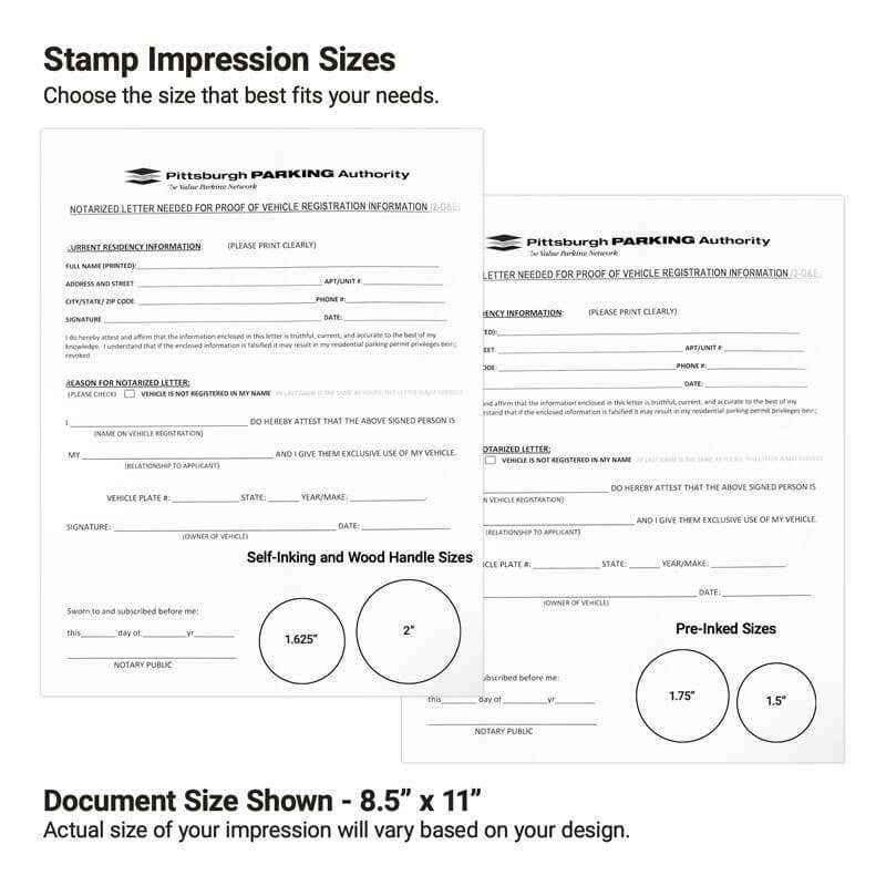 Notary stamp impression sizes showing self-inking, wood handle sizes, and pre-inked sizes. 