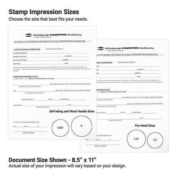 Stamp impression size examples with 1.5" round imprint shown on notary forms.