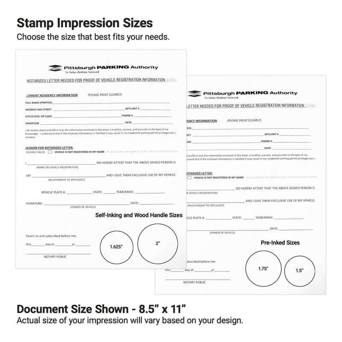 Notary impression size guide showing stamp examples on standard document forms.