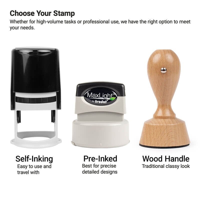 Self-inking, pre-inked, and wood-handled stamps lined up next to each other