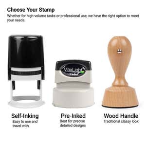 Three stamp types: self-inking, pre-inked, and wood handle