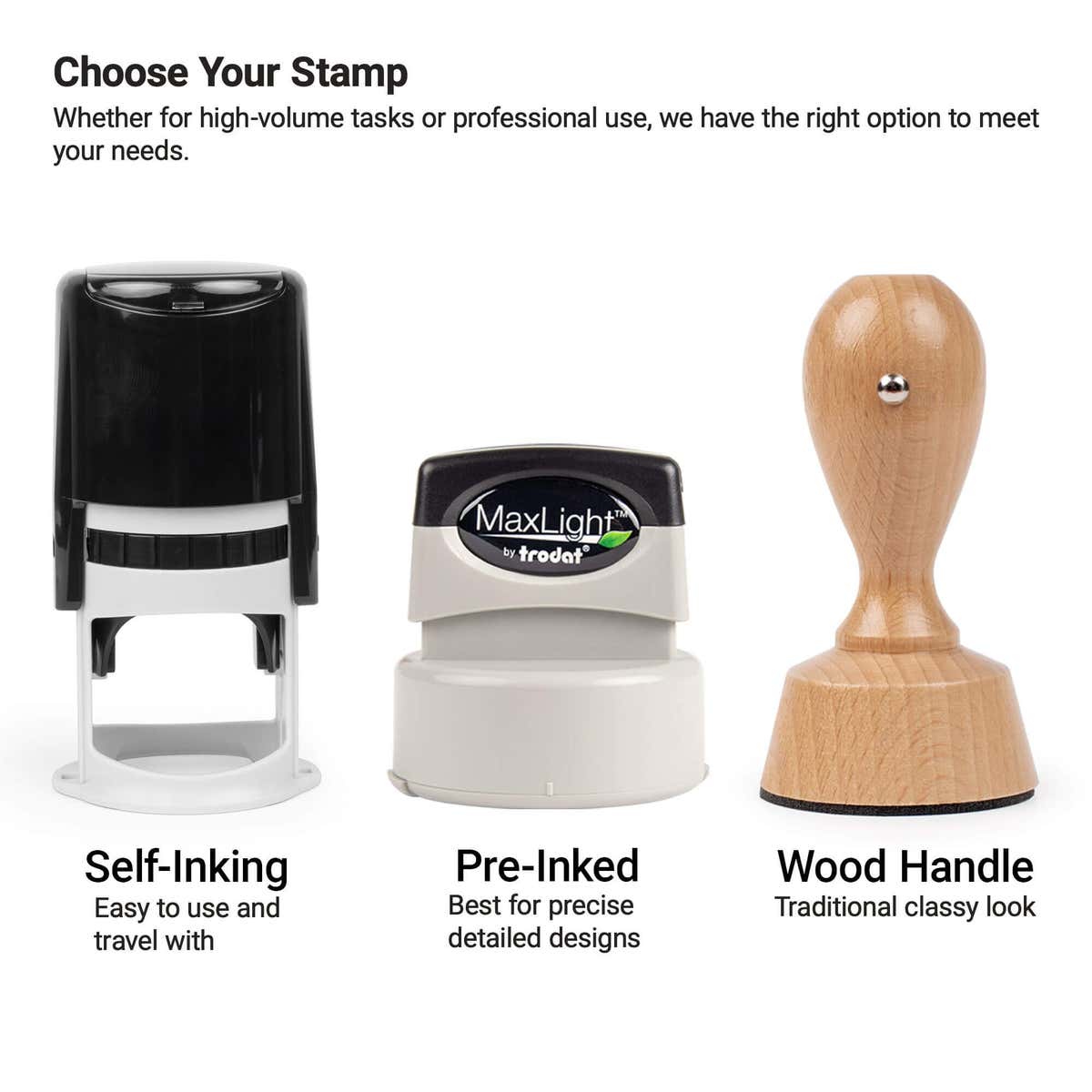An infographic showing stamp choices, self-inking, pre-inked and wooden