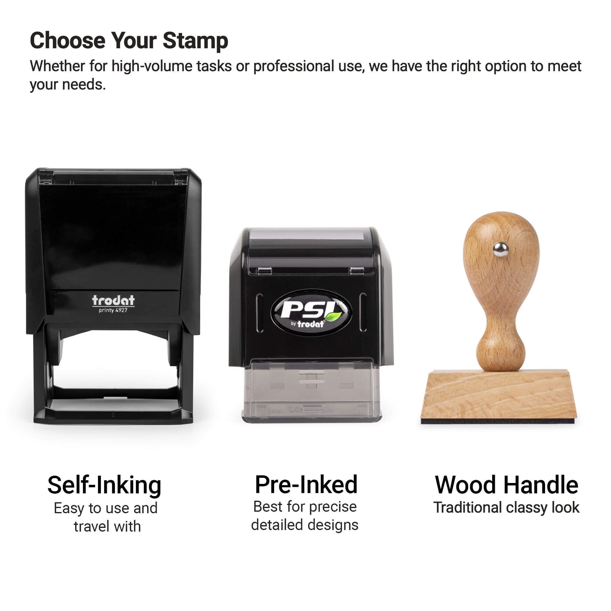 An infographic showing stamp choices, self-inking, pre-inked and wooden